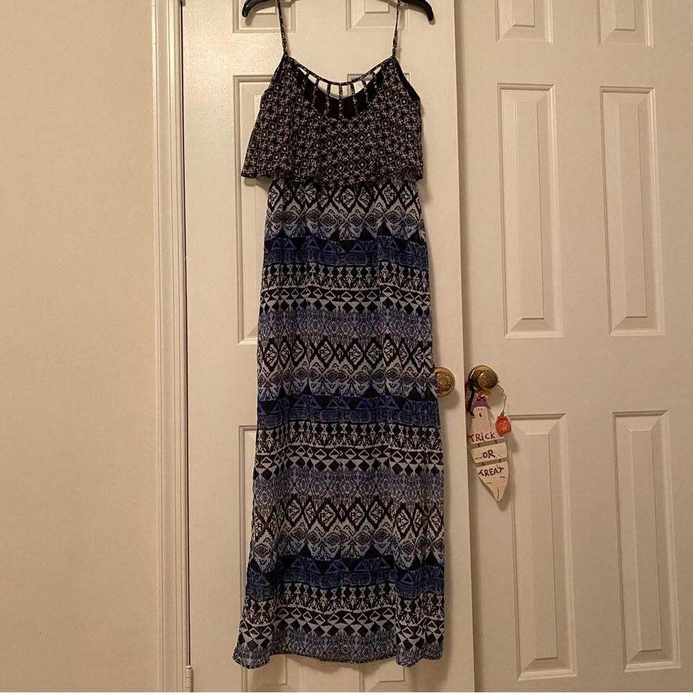 Macys Brand Speckles Bohemian Maxi Dress Navy Grey Geometric Strappy Size Medium